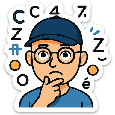 Add a baseball cap to the bald headed man with glasses and math symbols over his head, thinking expression. Keep the background transparent. sticker
