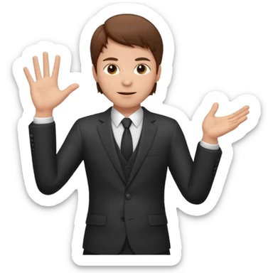 Mach mir einen Tyoen mit braunen haaren und im anzug der männlich ist der mit seiner linken hand zur seite zeigt sticker