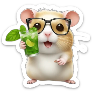 hamster with glasses running on a wheel drinking mojito sticker