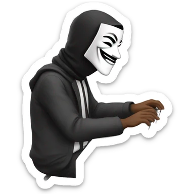 Man in anonymous mask typing text on computer sticker