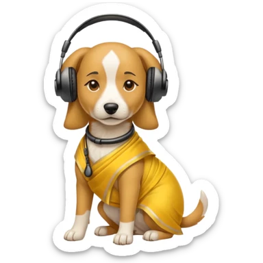 dog, saree dress with headphone, yellow sticker