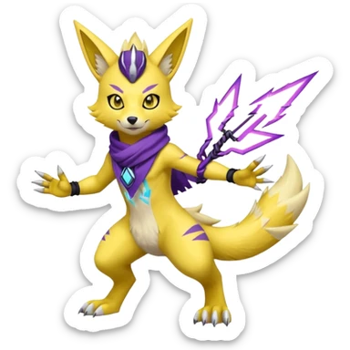 Furry Anthropomorphic Yellow Renamon-Zeraora-Toxtricity-Lombax-Pokémon-Digimon-Fakémon-fusion with purple lightning-bolt-markings, and facial markings, black bandanna scarf (full body) sticker
