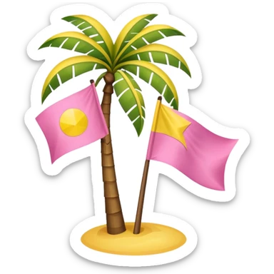 A pink flag in this flag there’s two small blue triangles on the sides In the middle of the circle on the flag a small pink palm tree coming out of the sides  yellow circle with two thick yellow stripes sticker