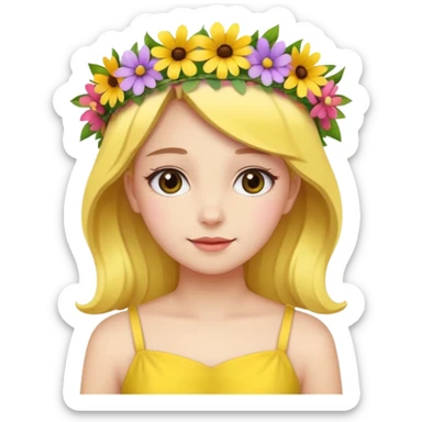 girl with flower crown in yellow dress and colored flowers sticker