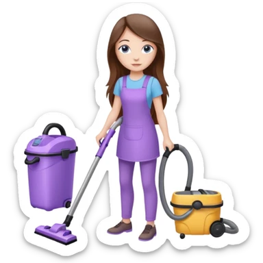beautiful girl with long brown hair, blue eyes and wearing light purple clothes, cleaning and vacuuming sticker
