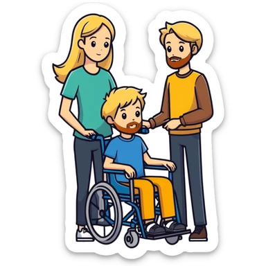 Single long haired blonde women with Single Brown haired Boy in wheelchair with a beard sticker