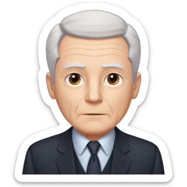 Elderly white man. Pale skin. Gray or white hair neatly combed back. Clean-shaven face with wrinkles around the eyes and mouth. Calm, steady eyes. Wears a collared shirt, tie, vest, and dark suit jacket visible from the chest up. sticker