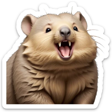 Cinematic Cute Yawning Wombat Portrait Emoji, Head tilted slightly with a dramatic, wide-open yawn, showcasing a soft, downy shaggy brown fur with drooping ears, round eyes barely open in drowsy contentment, Simplified yet irresistibly adorable features, highly detailed, glowing with a soft, cozy glow, high shine, relaxed yet expressive, stylized with a touch of rustic charm, bright and endearing, soft glowing outline, capturing the essence of a sleepy yet affectionate wombat, so drowsy it feels like it could stretch out of the screen and curl up for a nap! sticker