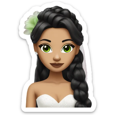 Bratz, bride, black hair, half up half down hair, olive skin, green almond cat eyes sticker