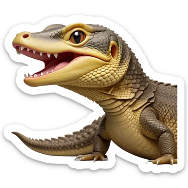 Cinematic Realistic Cute Yawning Monitor Lizard Portrait Emoji, Head tilted slightly with a dramatic, wide-open yawn, showcasing a soft, textured scaled hide with subtly drooping features and half-closed, drowsy eyes, rendered with meticulous natural detail and warm shadows, high shine, relaxed yet expressive, styled with a dash of desert charm, soft glowing outline, capturing the essence of a sleepy yet affectionate monitor lizard that appears ready to stretch out for a restful nap! sticker