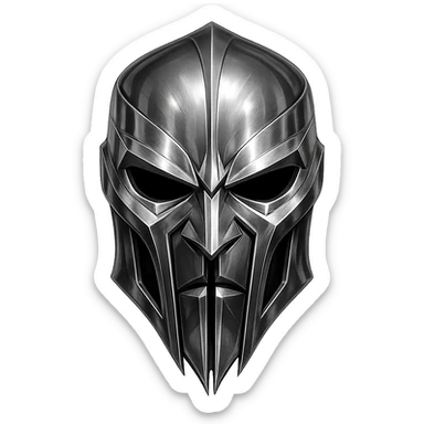 chrome futuristic gladiator-inspired mask with high forehead, deep eye cutouts, split vertical nose bridge extending below mouth, metallic silver sharp angular lines symmetrical intimidating villainous design sticker