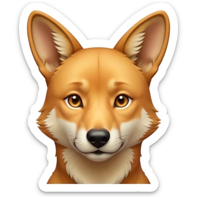 Cinematic Noble Dingo Portrait Emoji, Poised and regal, with a lean, agile build and a short, sandy-tawny fur that speaks of the wild outback, deep-set soulful amber eyes and alert ears, Simplified yet sharp and sophisticated features, highly detailed, glowing with a soft, dignified glow, high shine, intelligent and resourceful, stylized with an air of untamed elegance, focused and attentive, soft glowing outline, capturing the essence of a watchful and confident wild canine, so majestic it feels as though it could trot out of the screen with effortless authority! sticker