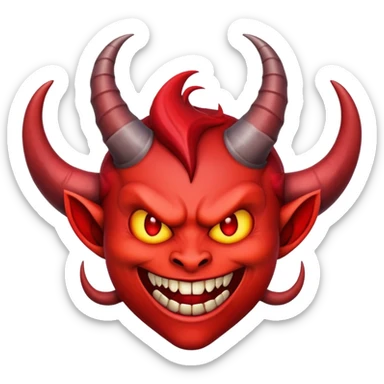 demonic emoji face with red skin, horns, and wicked grin sticker
