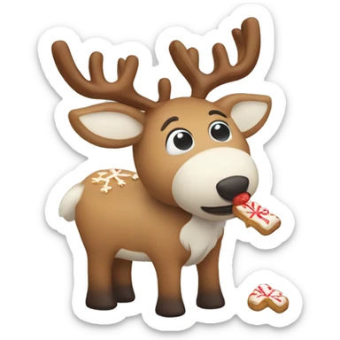 A arctic reindeer eating a ginger bread sticker