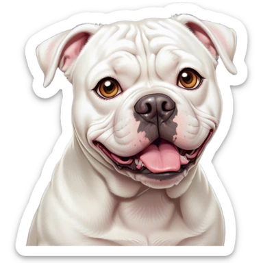 Cinematic Comical White American Bulldog Portrait Emoji, Head tilted dramatically with an exaggeratedly shocked or offended expression, short white fur with a slightly wrinkled forehead, wide, expressive brown eyes filled with exaggerated disbelief, Simplified yet hilariously expressive features, highly detailed, glowing with a slightly sassy glow, high shine, dramatic yet playful, stylized with an air of attitude, bright and endearing, soft glowing outline, capturing the essence of a sassy and over-the-top pup, so meme-worthy it feels like it could side-eye its way into internet fame instantly! sticker