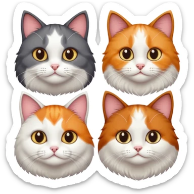 4 different coloured short haired cats including; a dark brown and white cat, and a dark grey and white, and a calico sticker