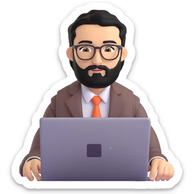 professional man with medium black beard, neat black hair, connected unibrow, olive tan skin, brown eyes, glasses, prominent nose, wearing business casual attire, typing on laptop, slightly turned to the side sticker
