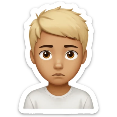 caramel skin color. Teen age. Short buzz, messy blonde hair, dark brown bushy eyebrows large expressive golden-brown eyes, brown skin color, scar over nose, wearing a plain white t-shirt. Disappointed thinking facial expression. caramel skin color sticker