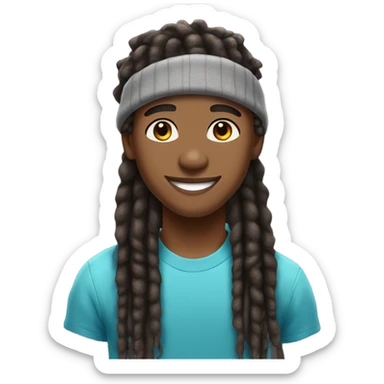 A young African-American male with short, thick dreadlocks, a friendly, confident smile, and a vibrant, approachable energy. He has a slim but toned build and often wears a cap to complement his trendy, casual style. sticker