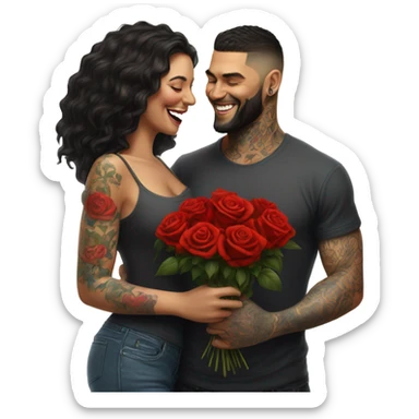 Hyper Realistic beautiful woman smells bouquet of bright red roses laughing with handsome tattooed man  sticker