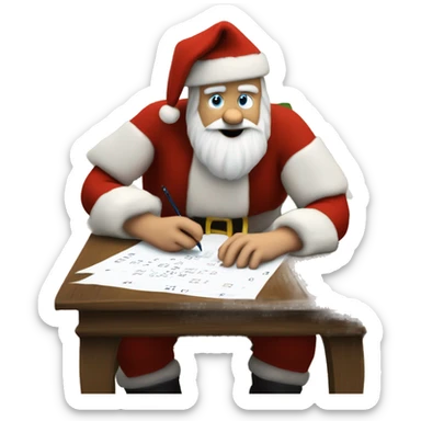 White Father Christmas is sitting on a desk, writing something down on a sheet of paper, solving complicated math puzzles, you can see the math tasks/ exercises sticker