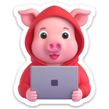 pig hacker emoji, wearing a hoodie, small laptop, minimal details sticker