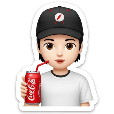generate a pretty bratz boy with a nike black baseball cap, a white tshirt and drinking coke , black hair sticker