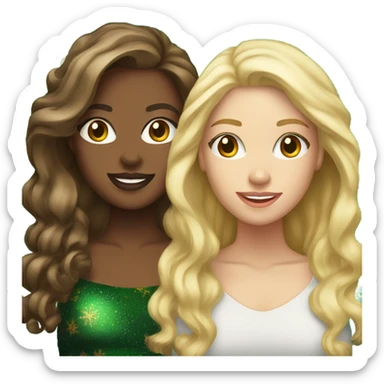 Two light skinned brunettes with a light skinned blonde next to a Christmas tree sticker