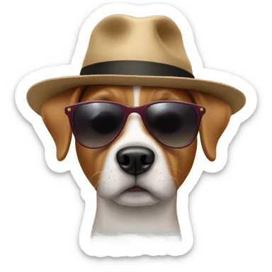Dog with sunglasses and a hat sticker