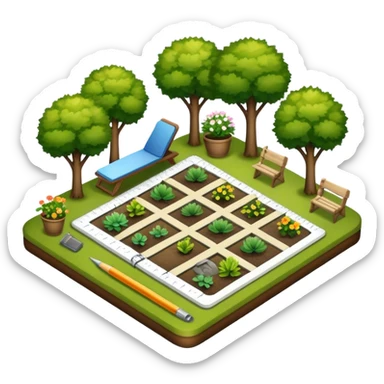 Icon for Landscape Design: a garden layout with trees, plants, pathways, and outdoor furniture, along with design tools like a ruler and sketchpad. The icon should represent the creativity and planning behind landscape design. Transparent background. sticker