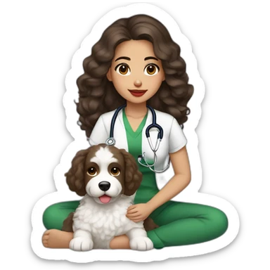 young moroccan woman with dark brown eyes, dark long curling hair, red lips, a green top, a stethoscope and a white cotton of tulear dog on her lap sticker