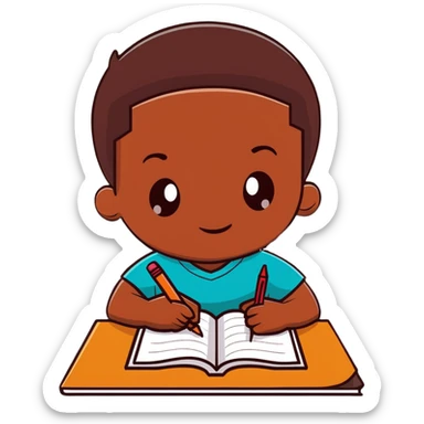 African boy student with brown skin writing with book and pen sticker