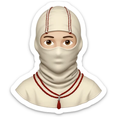 Ultra-detailed studio shot of a post-apocalyptic off-white balaclava — deconstructed, frayed, layered, with braided rope tassels and subtle embroidery. Minimalist white background, soft lighting, sharp focus. High-fashion streetwear aesthetic. The face of a person in a mask should not be visible sticker