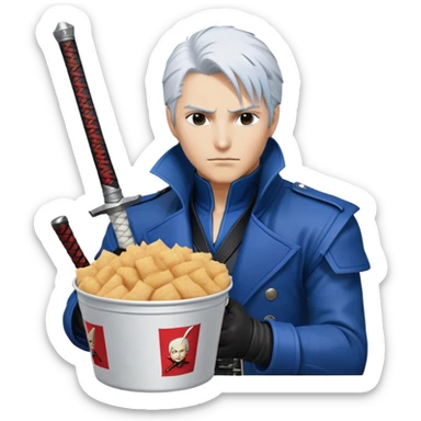 Vergil from Devil May Cry sitting in a KFC bucket, blue coat, white hair, katana sticker