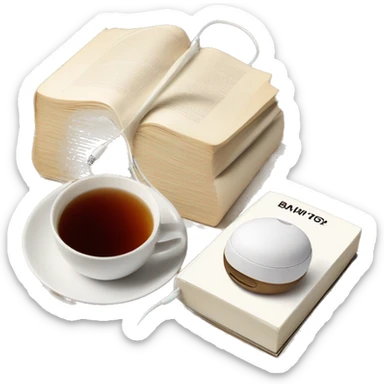 Baige book next to a tea and white headphones sticker