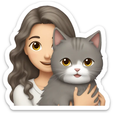 Fluffy grey cat hugging brown hair girl sticker
