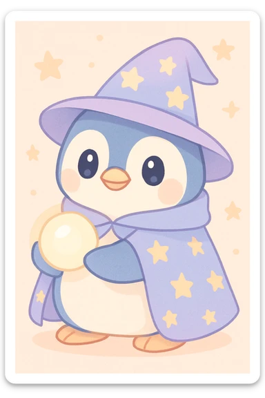 a chubby penguin in wizard attire, with a starry cloak and a glowing orb, looking wise and mystical sticker