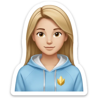 Woman with predominantly brown hair with blonde highlights, straight with side part, serene smile, dreamy eyes, wearing a light blue fantasy-sporty hoodie with golden and white details sticker
