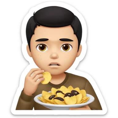 a PRETTY BRATZ boy with black hair, stuffing his face with chips and looking sad sticker