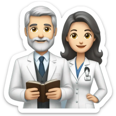 husband classy caucasian 55 dark gray hair trimmed beard wearing business suit and holding bible, with wife asian age 55 dark hair nurse uniform, no children sticker