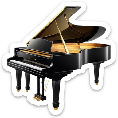Cinematic Realistic Piano, glossy black grand piano with elegantly curved edges, pristine white and black keys, soft golden light reflecting off its polished surface, faint reflections of a musician’s hands, glowing with refined elegance and musical depth. sticker