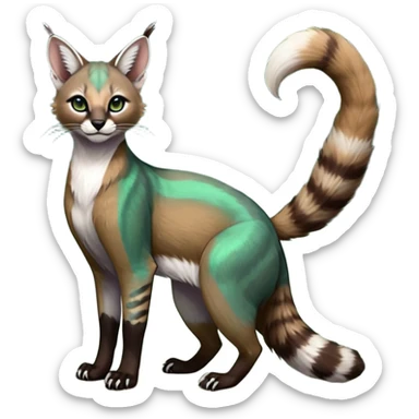 Colorful dark tropical dusky-hunter-green and dark-brownish iridescent pastel white glorious divine exotic cute cool beautiful shiny beautiful fantasy-caracal-civet-genet-sergal-vernid-Cacomistle-oncilla-animal-Fakémon-hybrid-fursona (full body) sticker