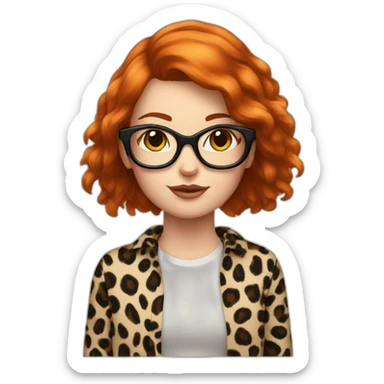 red haired girl with glasses leopard shirt near black cat sticker