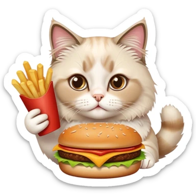 Cute Ragdoll cat eating burger and fries and a pizza  sticker