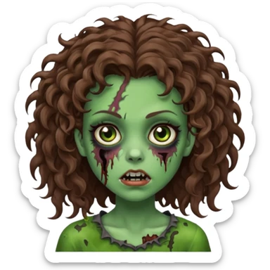 Faça uma garota zombie de cabelo cacheado castanho, olhos castanhos escuro e pele verde d zombie, com o cabelo grande sticker