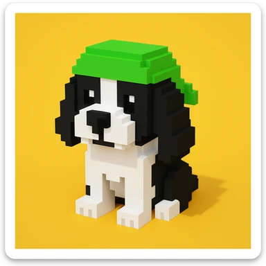 A black and white Russian Cocker Spaniel puppy wearing a green durag, voxel style, standing sticker