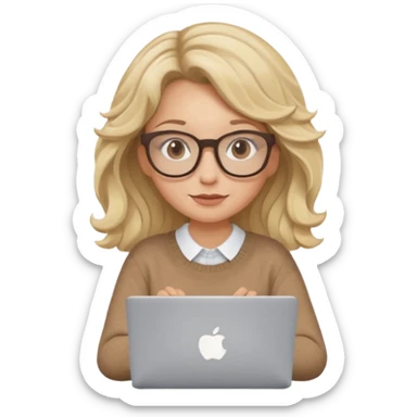 upper body view: blonde girl with dark blonde wavy hair, wearing pantos-style glasses and a brown sweater, sitting with a laptop, flat vector design, soft pastel colors, white background, Apple emoji style, upper body shot sticker