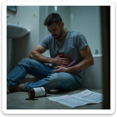 Hyperrealistic 4K image of a man in his 40s clutching his abdomen in pain on a bathroom floor, next to a spilled bottle labeled 'Acido Fulvico' leaking black liquid. Medical reports on the floor show kidney failure markers. Dramatic lighting, medical realism, clinical atmosphere. sticker