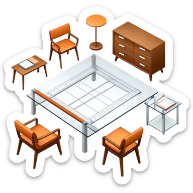 Icon for Furniture Design: a furniture drawing with 3D models of furniture pieces placed on top, accompanied by rulers and a pencil. The icon should represent the design process with focus on precision and modeling. Transparent background. sticker