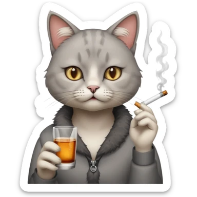 hazme a un gato fumando cigarro mientras toma alcohol y está depre sticker